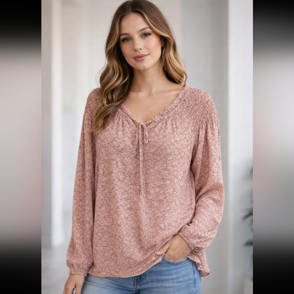 Women's Dusty Rose Long-Sleeve Peasant Top